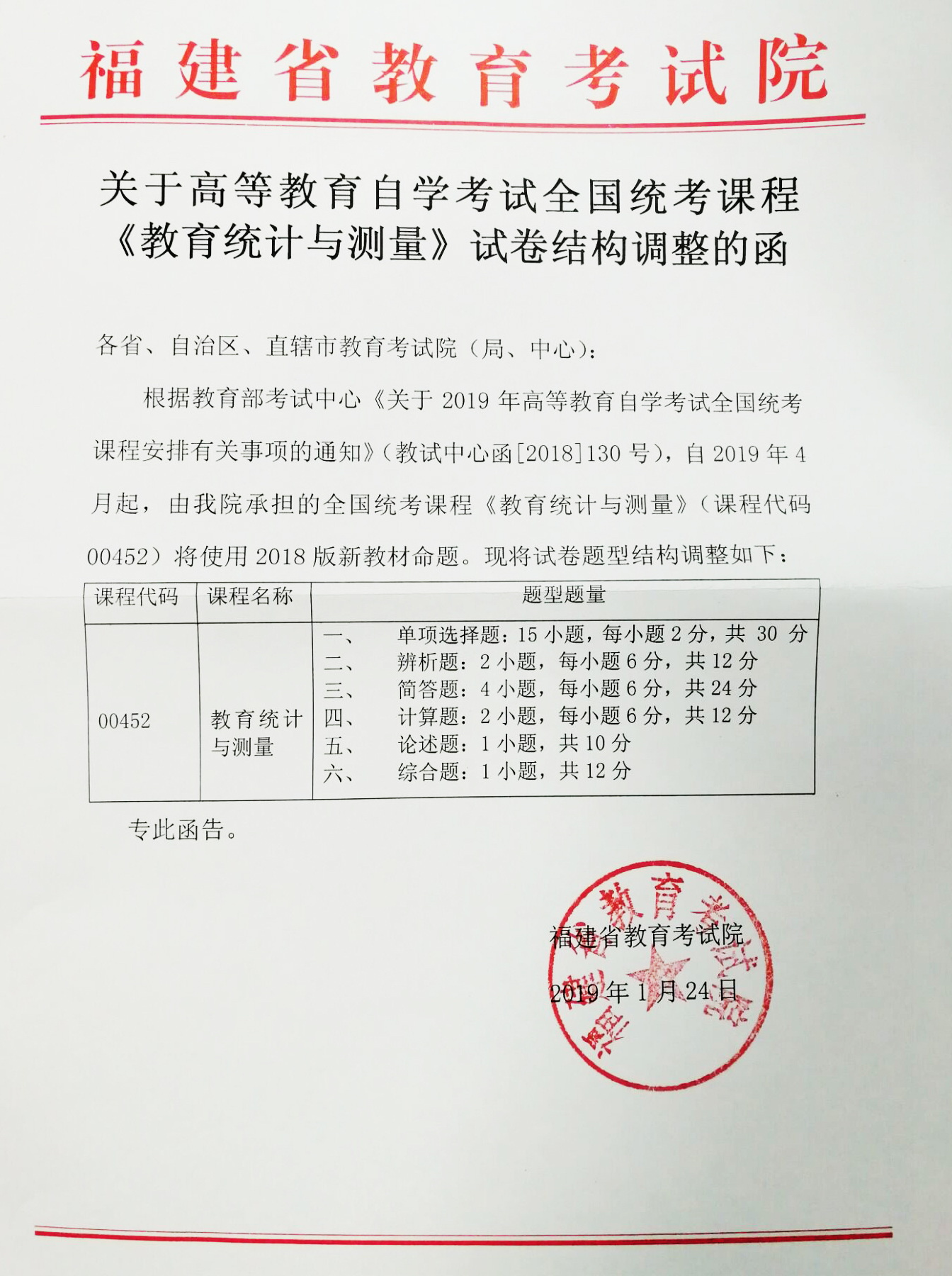 2019年全國統考課程《教育統計與測量》試卷結構調整通知